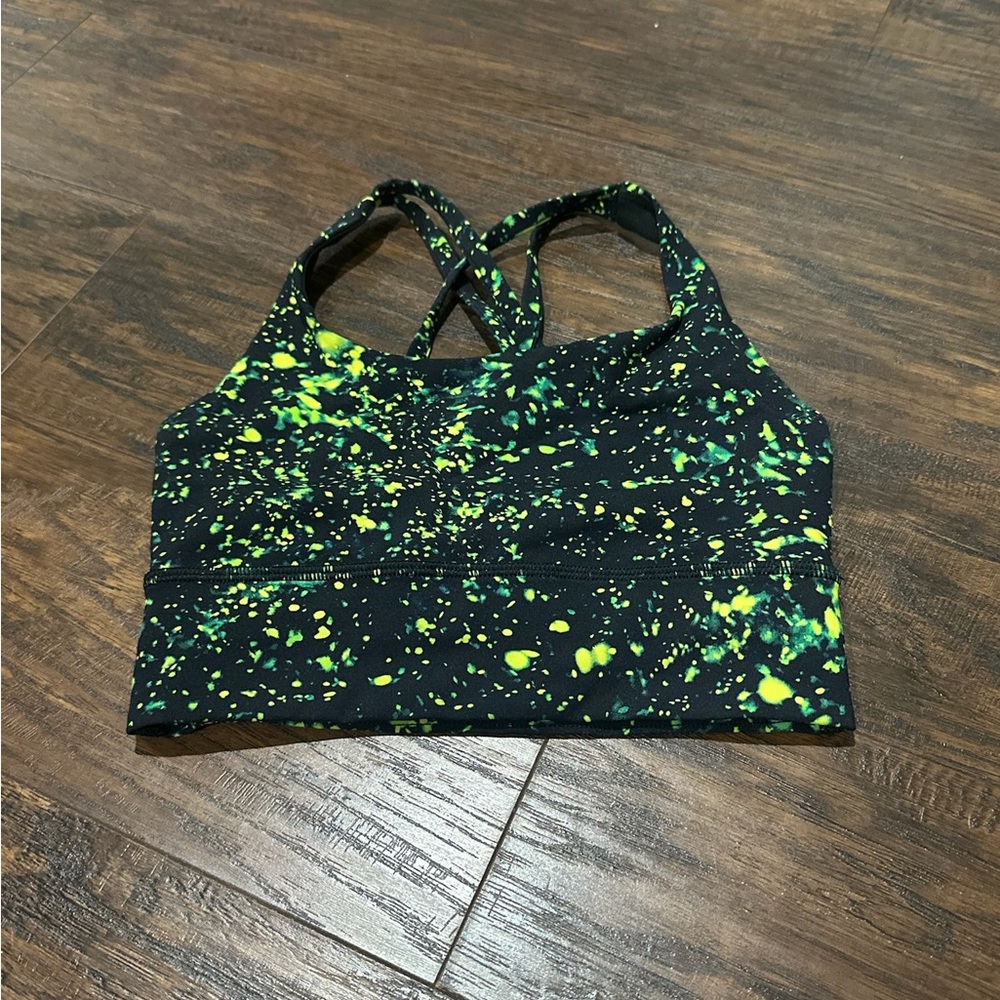lululemon athletica Women's Black, Neon Green & Yellow Splatter Sports Bra Sz 2